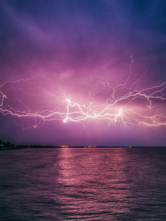 lightning in the sky over a body of water, pexels contest winner, dramatic purple thunders, electrical arcs, today\'s featured photograph 4k, manly