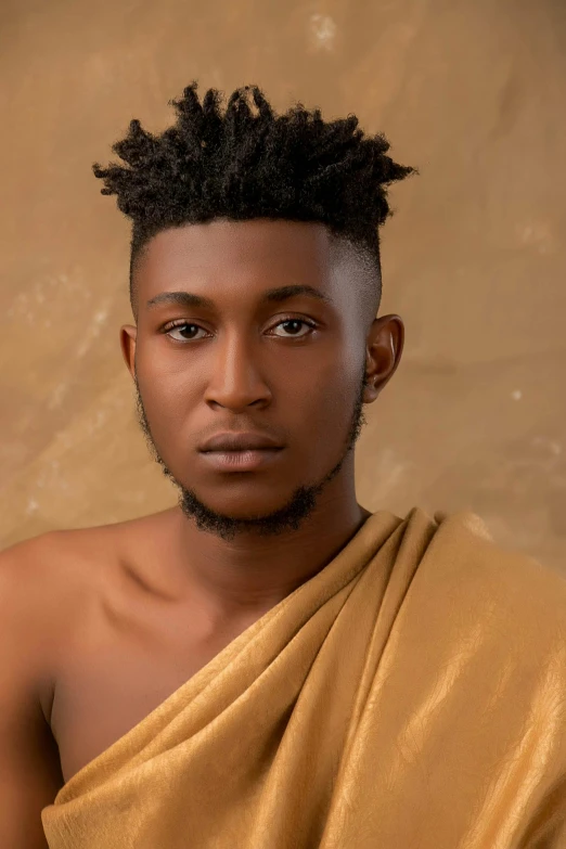a close up of a person wearing a towel, an album cover, by Chinwe Chukwuogo-Roy, trending on pexels, renaissance, attractive androgynous humanoid, wearing brown robes, 2 4 - year - old man, wearing toga