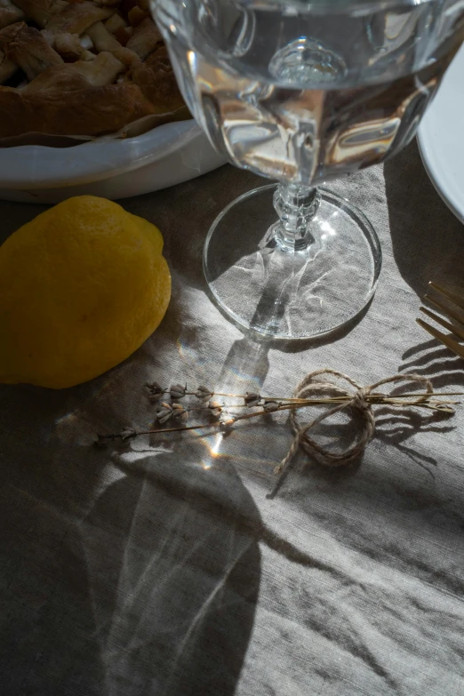 a white plate topped with a lemon next to a glass of water, a still life, inspired by Jean Colombe, unsplash, renaissance, sun glare, dried plants, table light, backlight