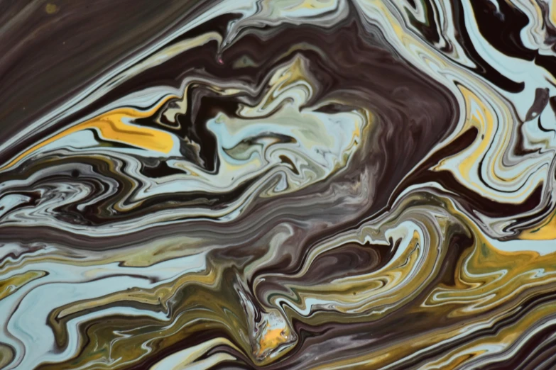 a close up of a liquid painting on a surface, inspired by Jules Olitski, trending on pexels, mocha swirl color scheme, digital art - w 640, silver dechroic details, dark chocolate painting
