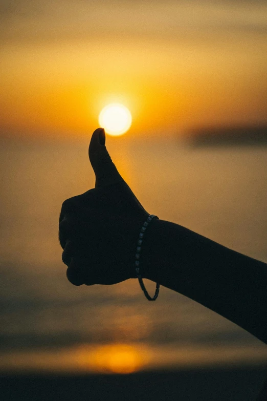 a person giving a thumbs up with the sun in the background, by Niko Henrichon, trending on unsplash, on the ocean, black, holding a holy symbol, profile image