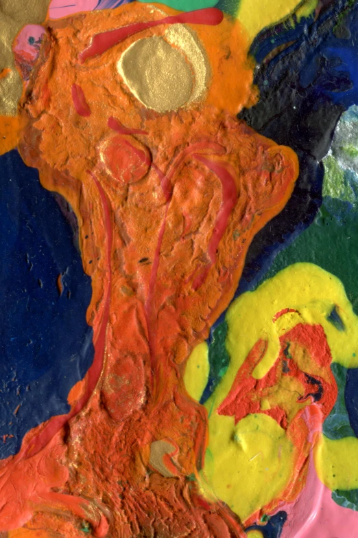 a close up of a painting on a table, inspired by Asger Jorn, orange, adam and eve, heavy pigment, zoomed in