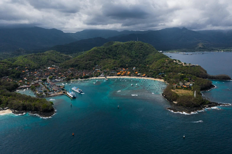 a small island in the middle of the ocean, by Daren Bader, pexels contest winner, sumatraism, realistic photo of a town, aerial footage, peter hurley, holiday season