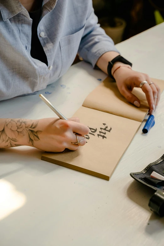 a woman sitting at a table writing on a piece of paper, a drawing, trending on pexels, arbeitsrat für kunst, photograph of a sleeve tattoo, cardboard, thumbnail, brown