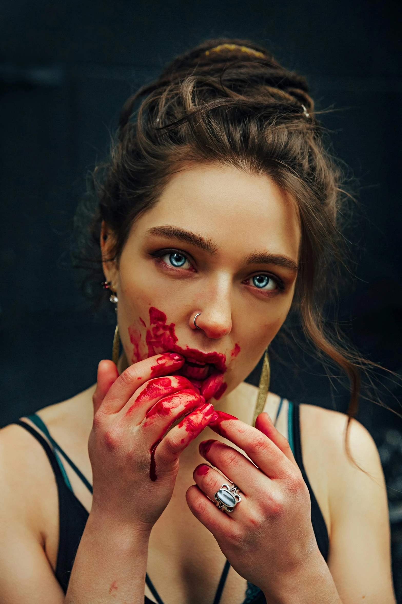 a woman with blood on her face eating a piece of cake, inspired by Elsa Bleda, trending on pexels, renaissance, attractive girl, lorde, silicone skin, joey king