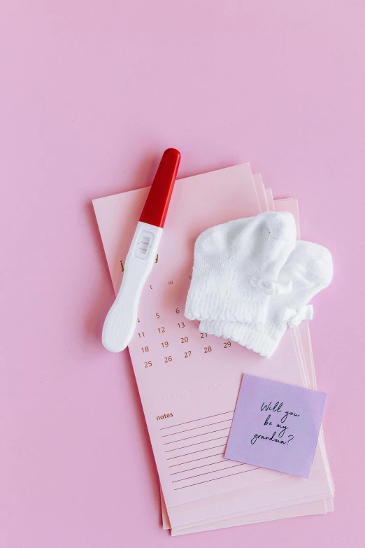 a notepad and a thermometer on a pink background, by Julia Pishtar, happening, red gloves, set against a white background, soft aesthetic, thumbnail