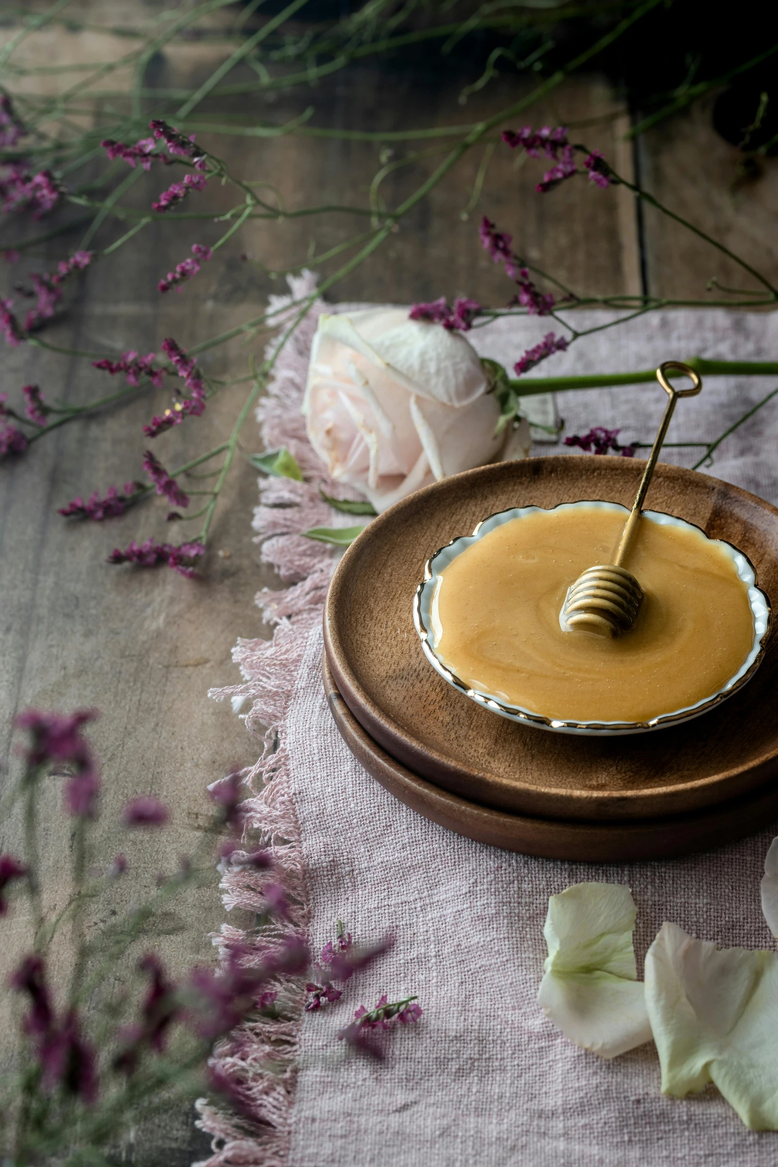 a close up of a plate of food on a table, a still life, trending on unsplash, renaissance, made of honey, silver，ivory, magnolia, caramel