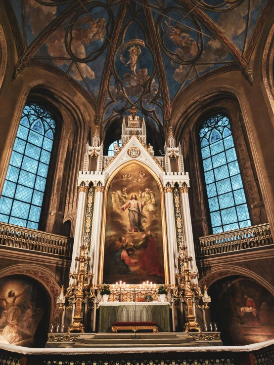 the interior of a church with a painting on the wall, inspired by Károly Markó the Elder, pexels contest winner, on the altar, brown, munich, snapchat photo