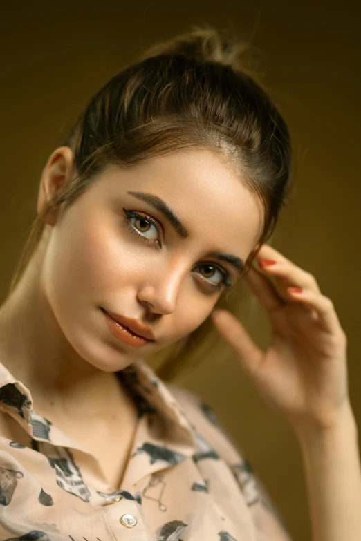 a beautiful young woman posing for a picture, by irakli nadar, trending on pexels, photorealism, honey - colored eyes, soft lighting 8k, high forehead, 5 0 0 px models