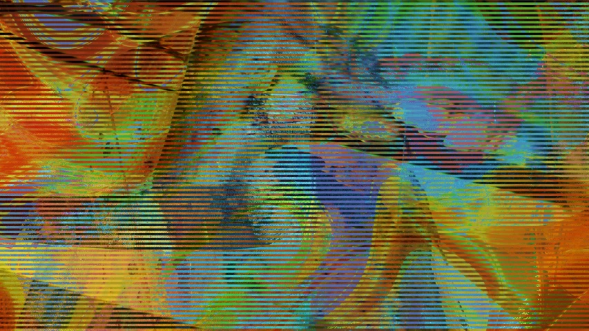a close up of a painting of a woman's face, a digital rendering, inspired by Umberto Boccioni, generative art, vhs camcorder footage, tv color test pattern, digital banner, pc screen image