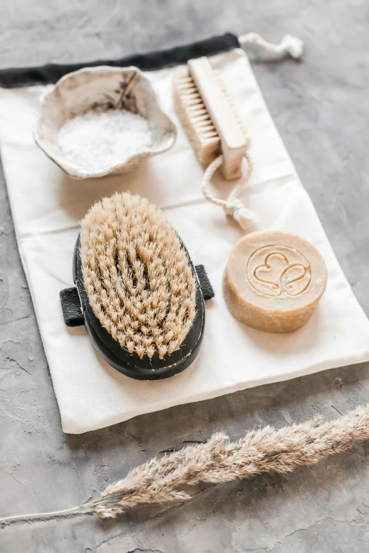 a couple of brushes sitting on top of a bag, trending on pexels, renaissance, carved soap, serving body, farms, full-body