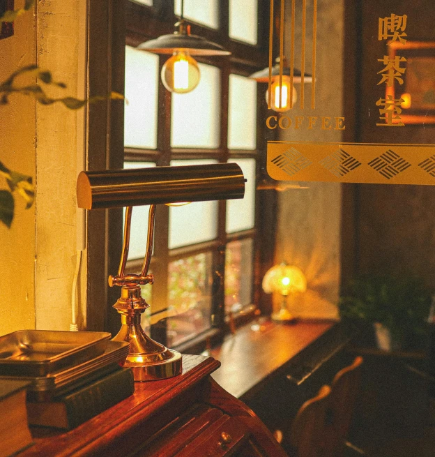 a lamp sitting on top of a wooden desk next to a window, trending on cg society, arts and crafts movement, like jiufen, a steampunk store, golden dappled lighting, coffee shop