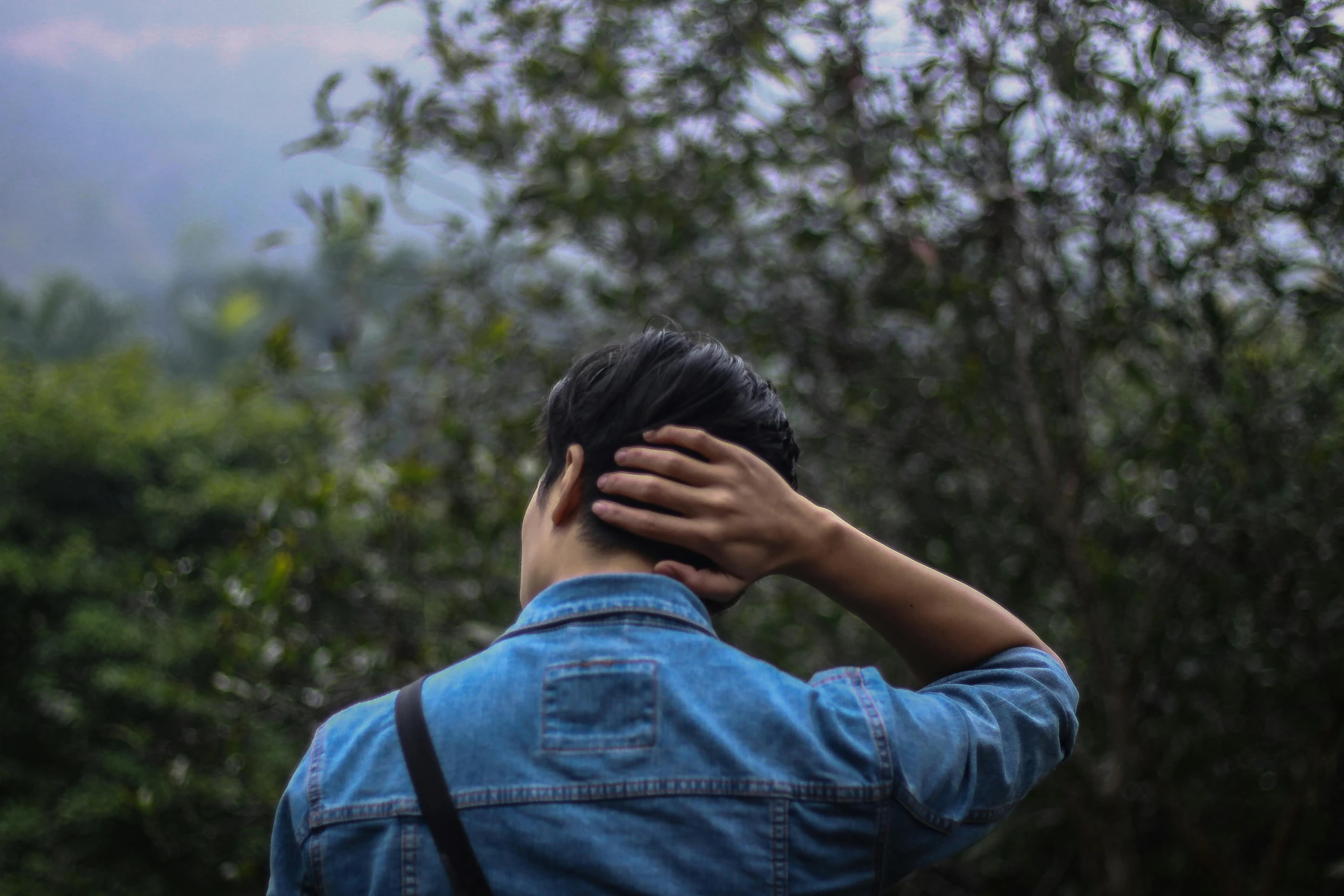 a man holding his head in his hands, by Alejandro Obregón, trending on unsplash, sumatraism, against the backdrop of trees, lgbtq, standing with her back to us, background image