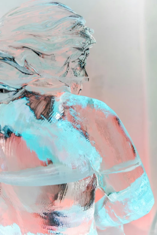 a close up of a person holding a frisbee, an abstract sculpture, inspired by Yanjun Cheng, trending on pexels, abstract art, glass torso, sultry digital painting, made of ice, transparent liquid