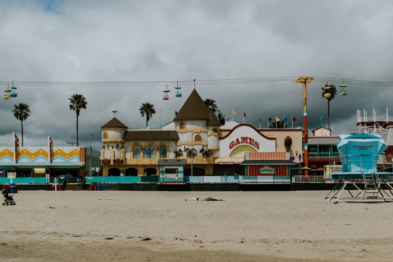 a couple of lifeguard chairs sitting on top of a sandy beach, by Carey Morris, unsplash contest winner, art nouveau, amusement park buildings, a busy arcade, background image