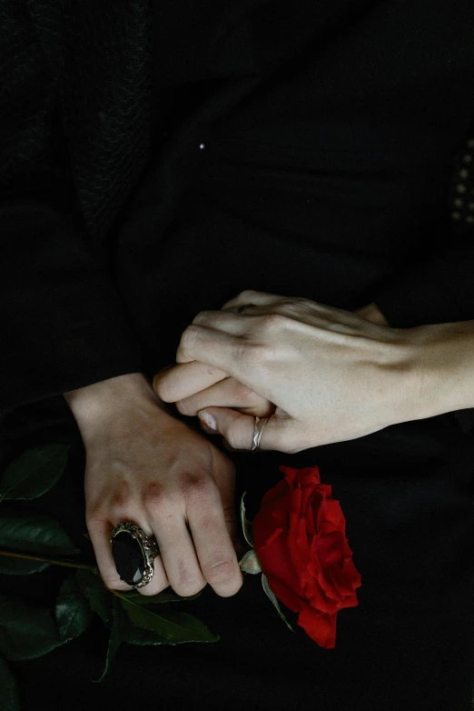 a close up of a person holding a flower, dark clothing, holding each other hands, casket, pale skin