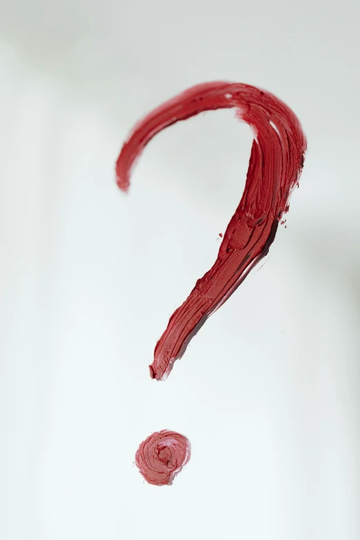 a close up of a red lipstick with a question mark, a picture, pexels contest winner, scratched vial, wine red trim, - i, long pointy pink nose