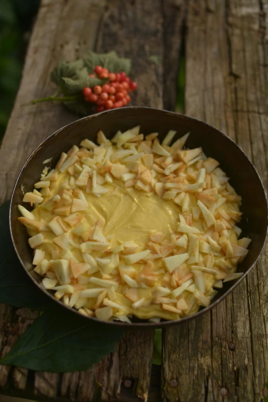 a pan filled with macaroni and cheese on top of a wooden table, inspired by Géza Dósa, hurufiyya, with apple, forest picnic, mayonnaise, full of golden layers