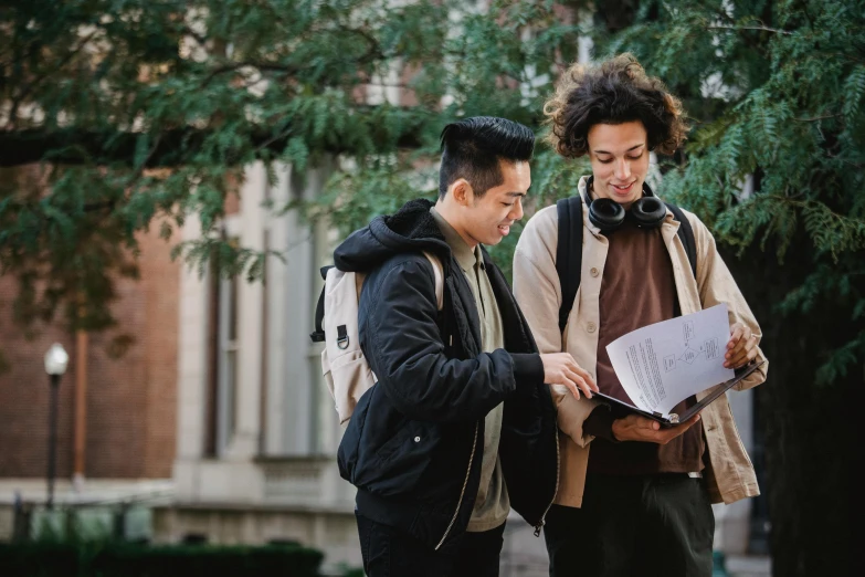 a couple of men standing next to each other, pexels, academic art, holding notebook, jin shan and ross tran, thumbnail, college students