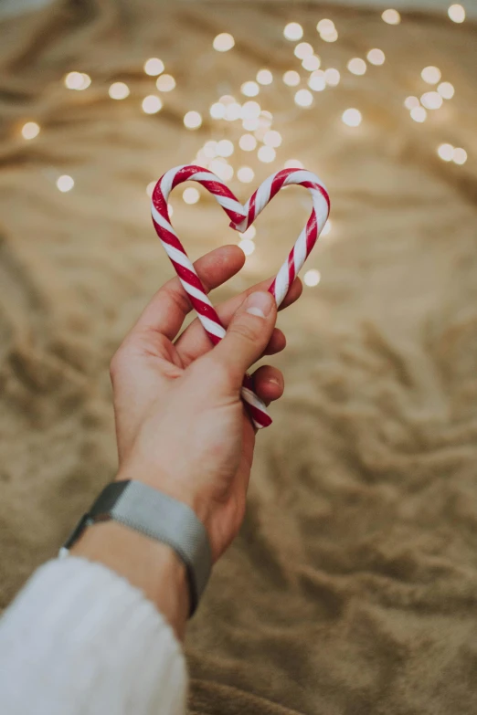 a person holding a candy cane in the shape of a heart, even lighting, manly, treasures, beaches