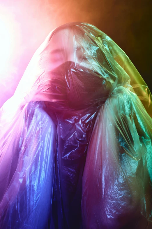 a close up of a person wrapped in plastic, inspired by Gabriel Dawe, plasticien, bisexual lighting, colorful robes, garbage, promo image