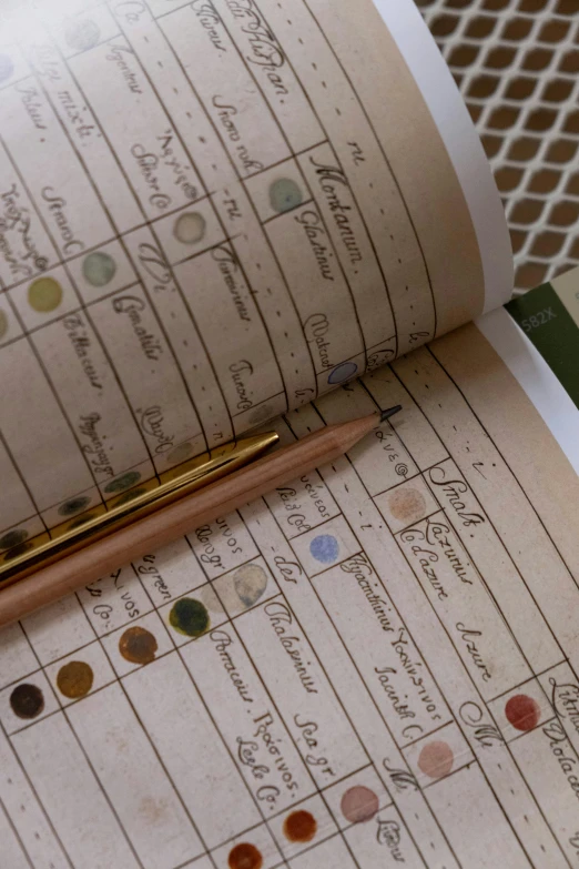 a pen sitting on top of a book next to a calculator, a detailed painting, by David Simpson, on a botanical herbarium paper, color chart, napoleonic, close up