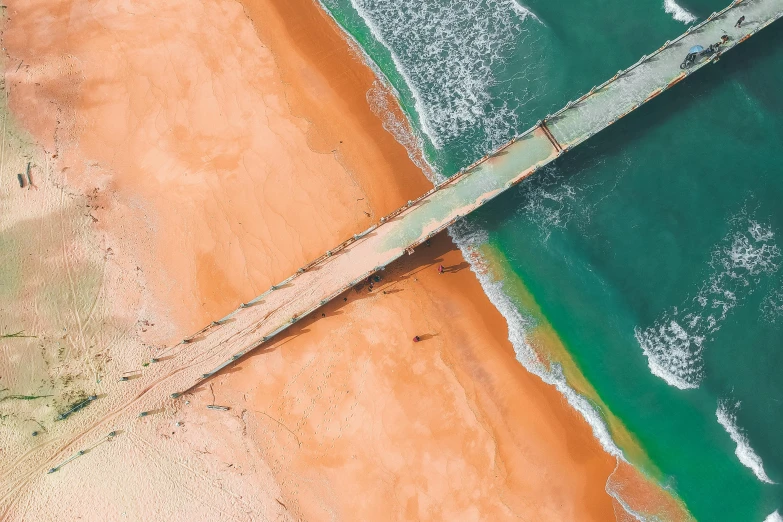 an aerial view of a bridge over a beach, pexels contest winner, renaissance, teal and orange colour palette, lachlan bailey, beach scene, profile pic