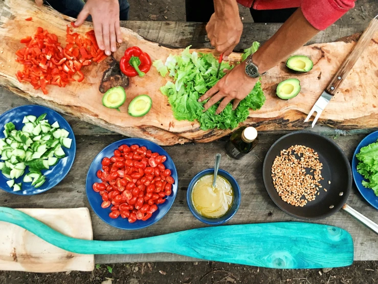 a group of people preparing food on a wooden table, by Carey Morris, pexels contest winner, gardening, campy and colorful, sustainable materials, avatar image