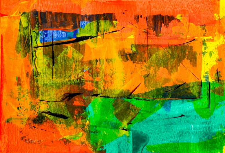 an abstract painting with orange, green, and blue colors, trending on pixabay, abstract expressionism, overlapping layers, over saturated colors, color tearing, instagram post