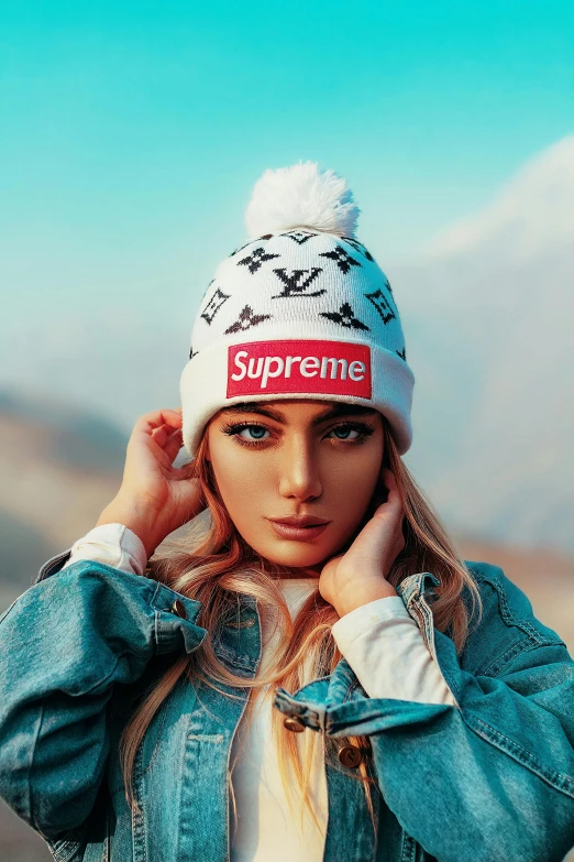 a woman wearing a denim jacket and a supreme hat, a colorized photo, trending on pexels, wearing beanie, amouranth, lv, ski masks