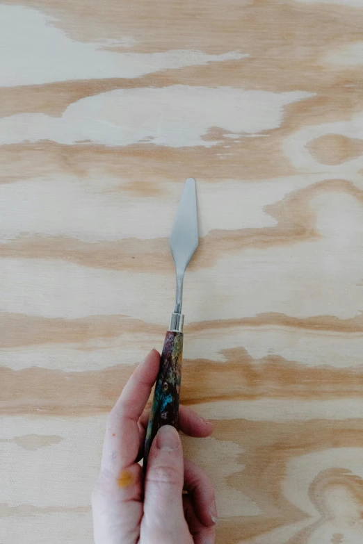 a person holding a knife on top of a wooden table, inspired by Theodor Philipsen, superflat, spatula, multicoloured, slate, brown