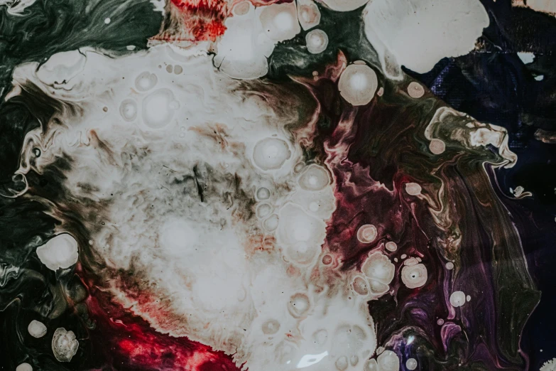 a close up of a painting of a santa clause, an abstract painting, inspired by Shōzō Shimamoto, trending on pexels, action painting, iridescent soapy bubbles, photo from space, moody colors, detailed white liquid