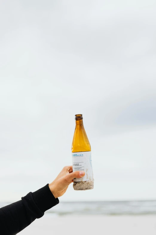 a woman holding up a bottle of beer on the beach, inspired by Don Eddy, unsplash, renaissance, with a white background, surface with beer-texture, birch, sake