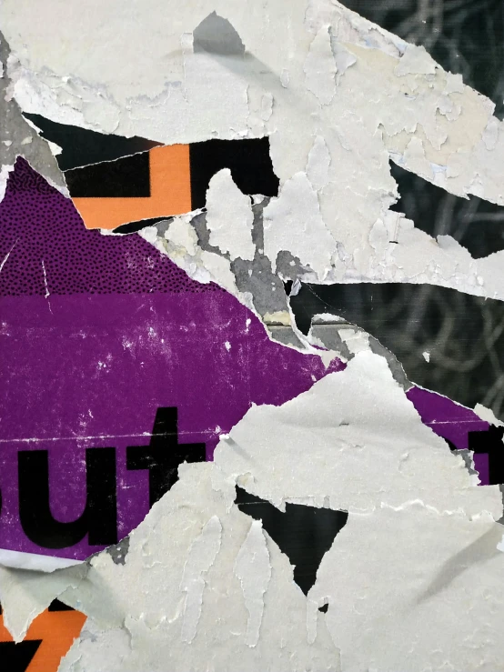 a close up of a torn piece of paper, a poster, by Robert Feke, purple mullet, ((purple)), fuselage, ocult