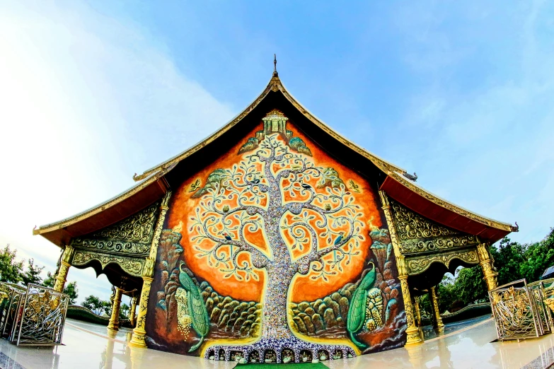 a painting of a tree on the side of a building, an ultrafine detailed painting, pexels contest winner, thai temple, wide angle ultra - vivid, intricate! organic, laos