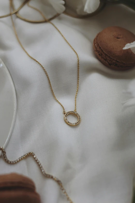 a close up of a plate of food on a table, gold necklace, detailed product shot, circle, small