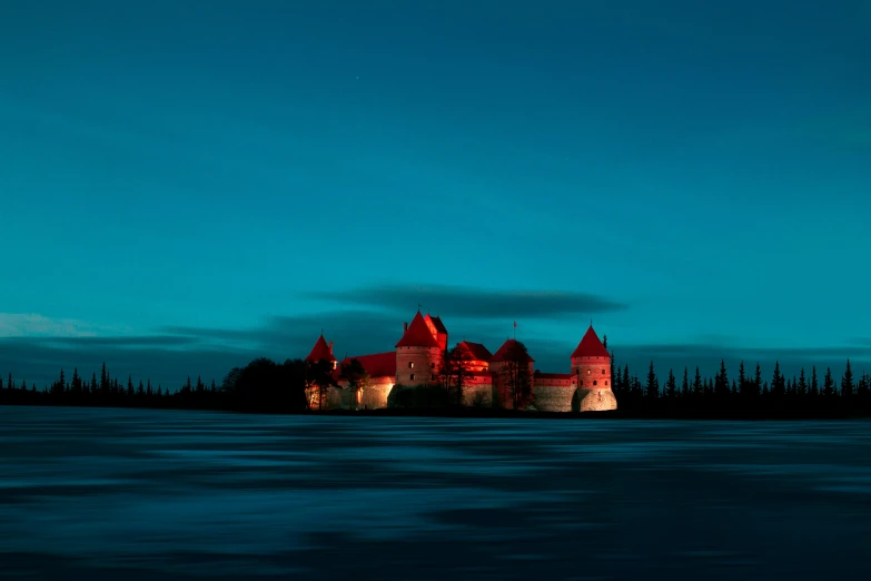 a castle sitting in the middle of a lake, inspired by Arkhip Kuindzhi, hurufiyya, photography shot at blue hour, prussian blue and venetian red, chauvet, sleeping