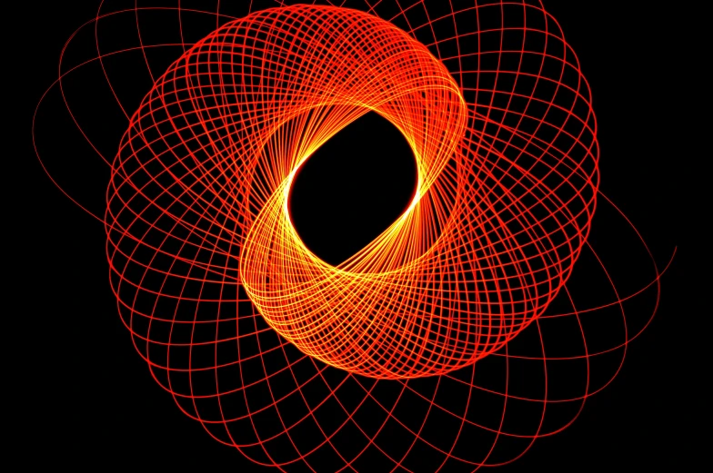 a red spiral on a black background, by Andrei Kolkoutine, generative art, orange halo, klein bottle, line vector art, string theory