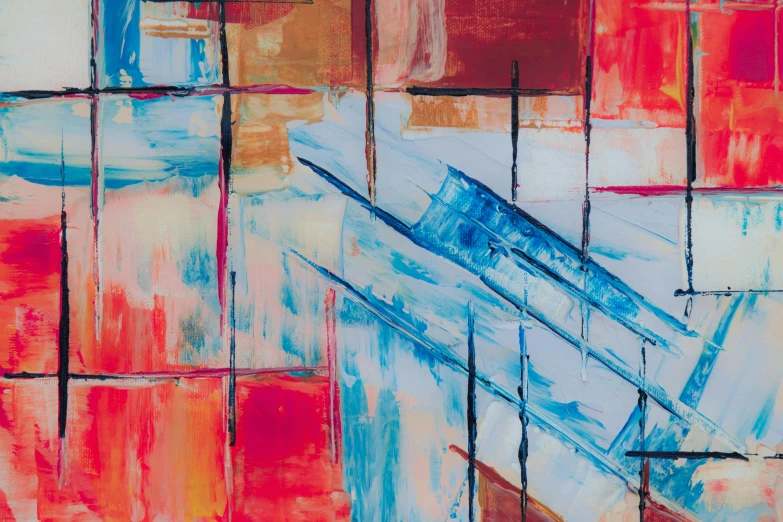 a painting of a plane flying over a city, an abstract painting, by Micha Klein, pexels contest winner, abstract art, red and blue reflections, close-up print of fractured, square lines, (abstract)