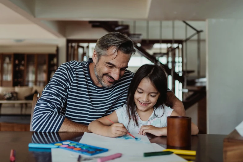 a man and a little girl sitting at a table, a child's drawing, pexels contest winner, avatar image, high quality image, dad energy, handsome