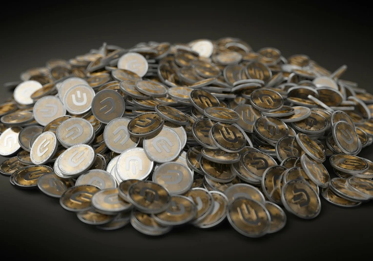 a pile of coins sitting on top of a table, Artstation, unreal 5 engine, made out of shiny silver, c 4 d ”