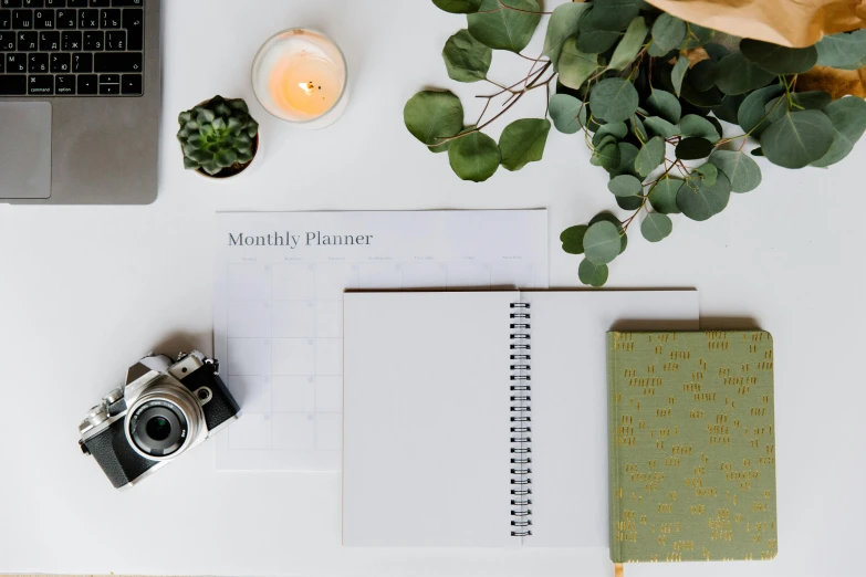 a laptop computer sitting on top of a white desk, by Carey Morris, trending on pexels, minimalism, white candles, planner stickers, eucalyptus, camera looking down upon