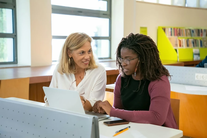 two women sitting at a table looking at a laptop, pexels contest winner, academic art, librarian, varying ethnicities, white, school curriculum expert