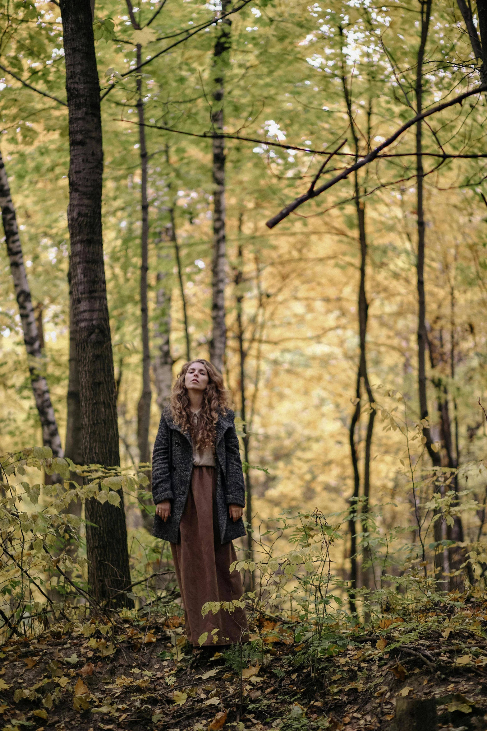 a woman standing in the middle of a forest, inspired by Elsa Bleda, unsplash, renaissance, brown clothes, autumnal, 8 k film still, ((forest))