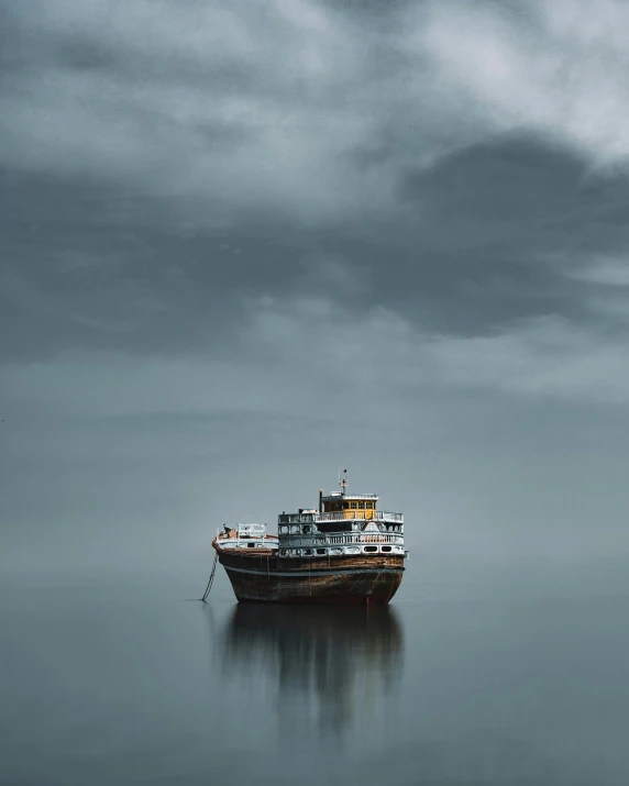 a boat floating on top of a body of water, by Sebastian Spreng, unsplash contest winner, romanticism, dramatic grey sky, lgbtq, reykjavik, black sea