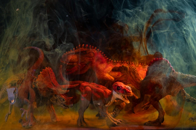 a group of dinosaurs standing next to each other, an airbrush painting, by Adam Marczyński, pexels contest winner, red smoke, diorama, mat collishaw, on a dark background