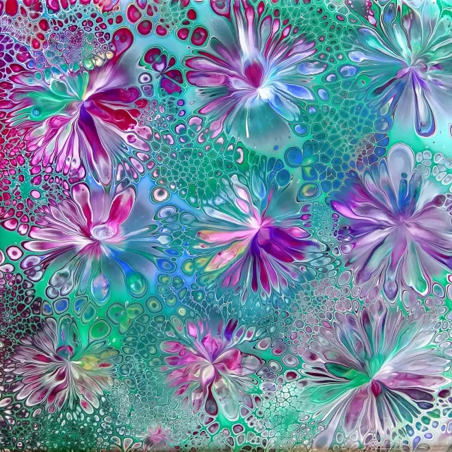 a close up of a painting of flowers, a digital rendering, inspired by Daniel Merriam, flickr, psychedelic art, bubbly underwater scenery, cyan and magenta, alcohol ink art, turquoise pink and green