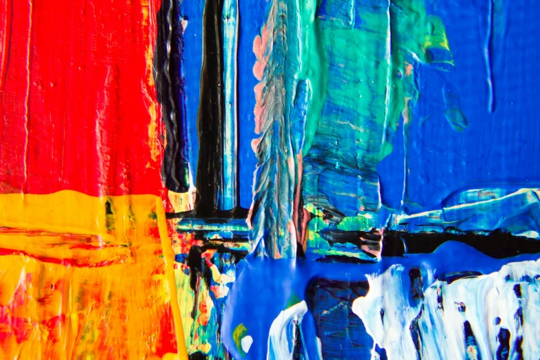 a close up of a painting on a wall, inspired by Hans Hofmann, pexels contest winner, abstract expressionism, vibrant deep saturated colors, blue paint on top, full of colour w 1024, multicolor
