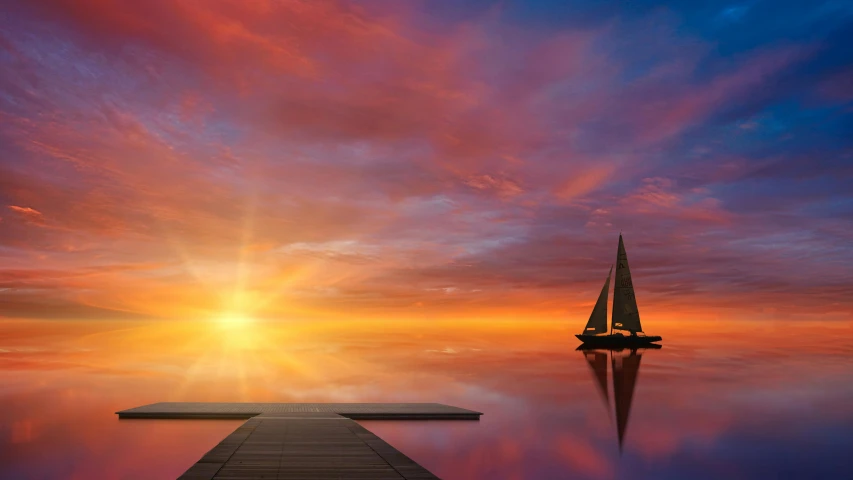 a boat sitting on top of a body of water, inspired by Gediminas Pranckevicius, pixabay contest winner, with vibrant sky, sail, 8k hdr sunset lit, rule of thirds composition