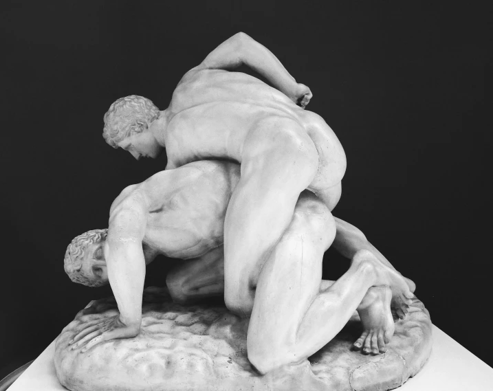 a black and white photo of two men wrestling, a marble sculpture, inspired by Exekias, mannerism, sexuell, porcelain holly herndon statue, bum, andro